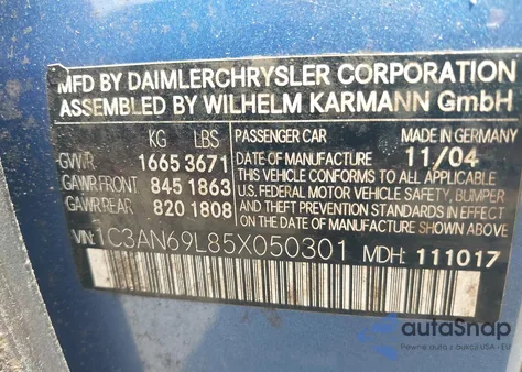 2005 Chrysler Crossfire Limited z USA, uszkodzony, nr VIN 1C3AN69L85X050301